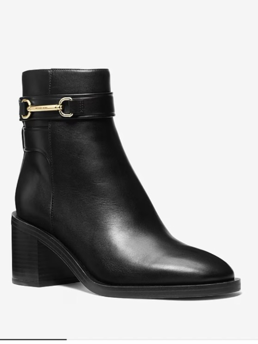 Michael Kors Black Leather Ankle Boot with Gold Buckle